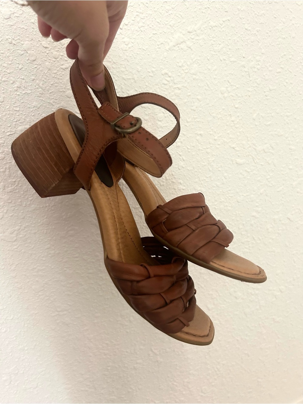 Born Brown Leather Braided Block Heel Sandals